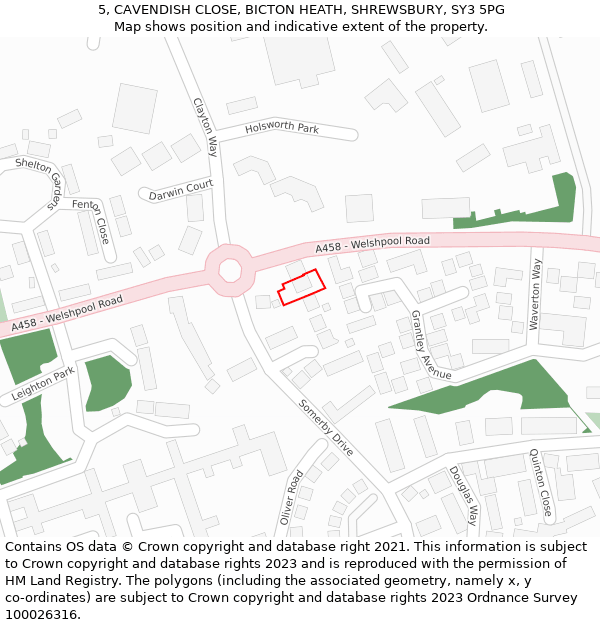 5, CAVENDISH CLOSE, BICTON HEATH, SHREWSBURY, SY3 5PG: Location map and indicative extent of plot