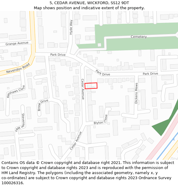 5, CEDAR AVENUE, WICKFORD, SS12 9DT: Location map and indicative extent of plot