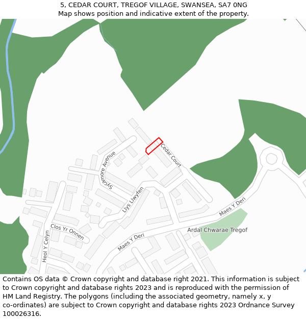 5, CEDAR COURT, TREGOF VILLAGE, SWANSEA, SA7 0NG: Location map and indicative extent of plot