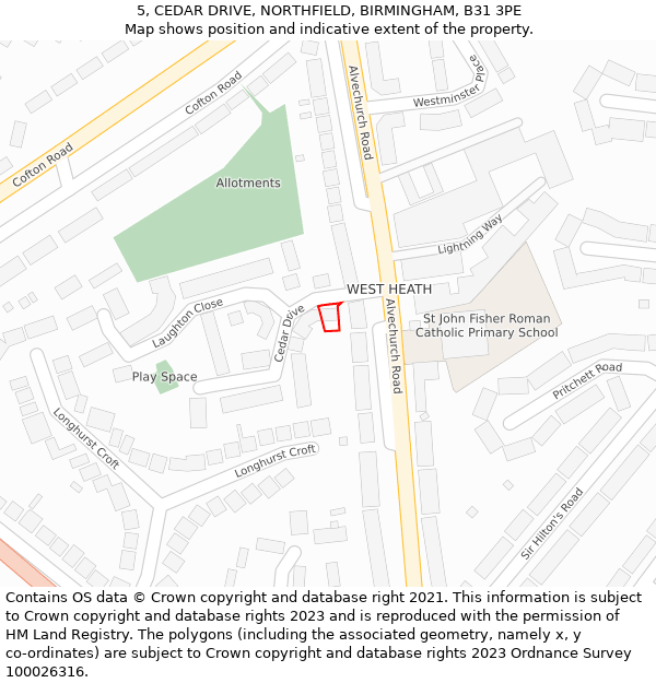 5, CEDAR DRIVE, NORTHFIELD, BIRMINGHAM, B31 3PE: Location map and indicative extent of plot
