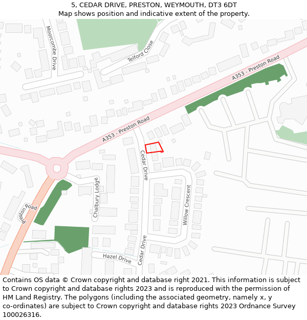 5, CEDAR DRIVE, PRESTON, WEYMOUTH, DT3 6DT: Location map and indicative extent of plot