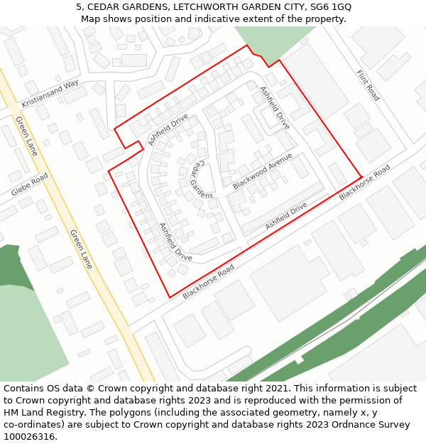 5, CEDAR GARDENS, LETCHWORTH GARDEN CITY, SG6 1GQ: Location map and indicative extent of plot