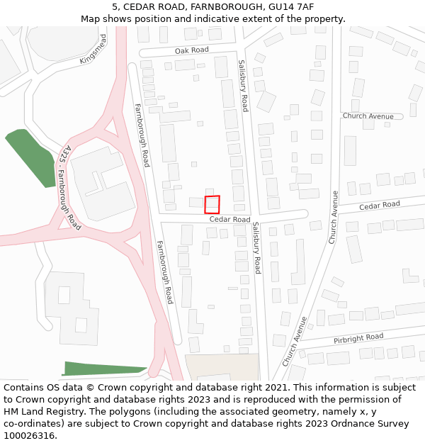 5, CEDAR ROAD, FARNBOROUGH, GU14 7AF: Location map and indicative extent of plot