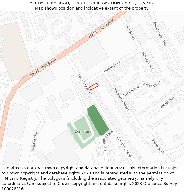 5, CEMETERY ROAD, HOUGHTON REGIS, DUNSTABLE, LU5 5BZ: Location map and indicative extent of plot