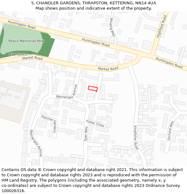 5, CHANDLER GARDENS, THRAPSTON, KETTERING, NN14 4UA: Location map and indicative extent of plot