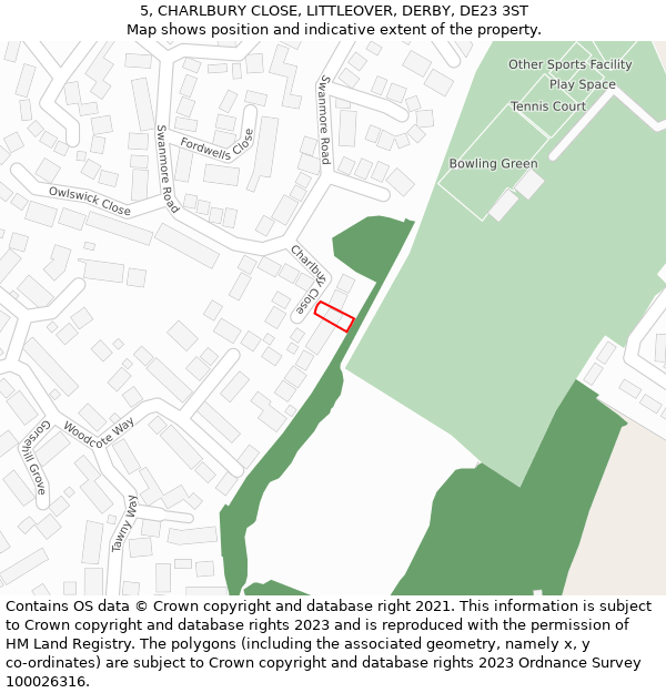 5, CHARLBURY CLOSE, LITTLEOVER, DERBY, DE23 3ST: Location map and indicative extent of plot