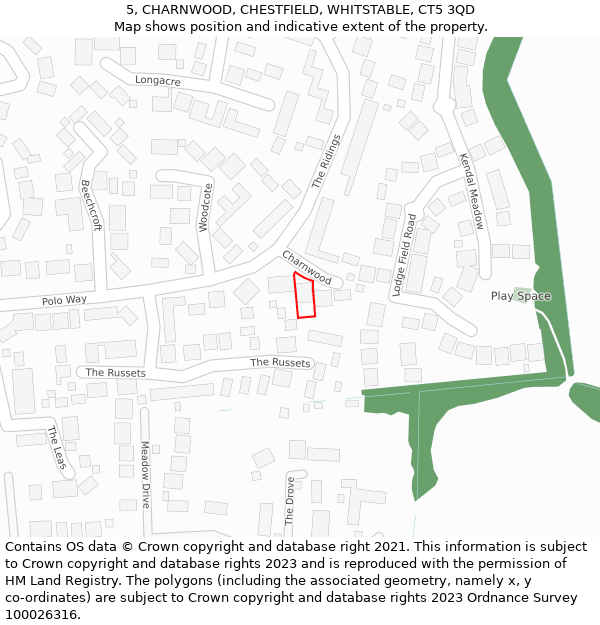 5, CHARNWOOD, CHESTFIELD, WHITSTABLE, CT5 3QD: Location map and indicative extent of plot