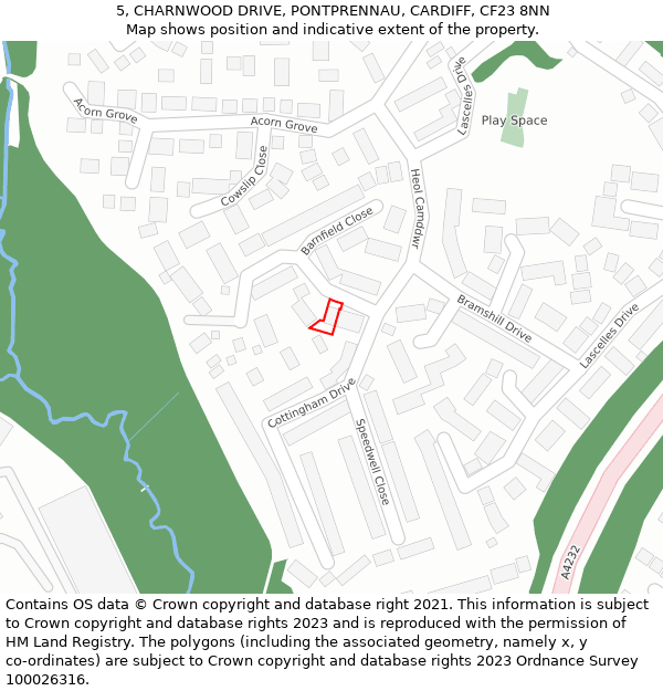 5, CHARNWOOD DRIVE, PONTPRENNAU, CARDIFF, CF23 8NN: Location map and indicative extent of plot