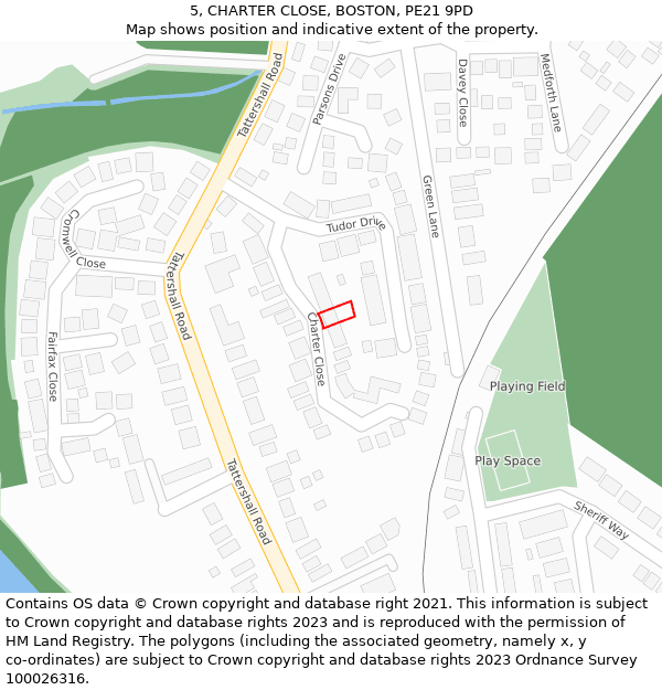 5, CHARTER CLOSE, BOSTON, PE21 9PD: Location map and indicative extent of plot