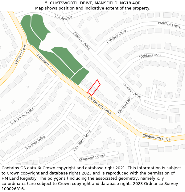 5, CHATSWORTH DRIVE, MANSFIELD, NG18 4QP: Location map and indicative extent of plot