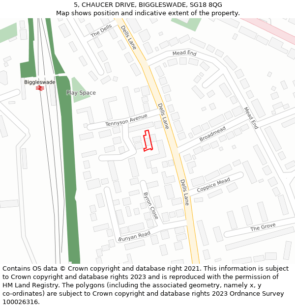 5, CHAUCER DRIVE, BIGGLESWADE, SG18 8QG: Location map and indicative extent of plot