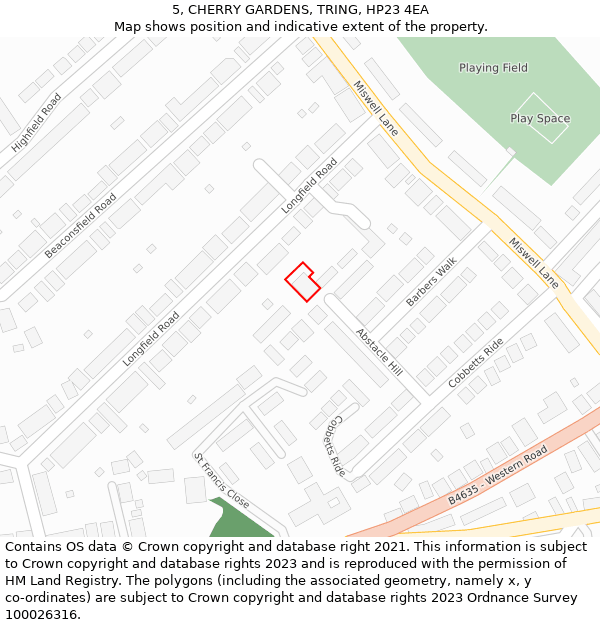 5, CHERRY GARDENS, TRING, HP23 4EA: Location map and indicative extent of plot