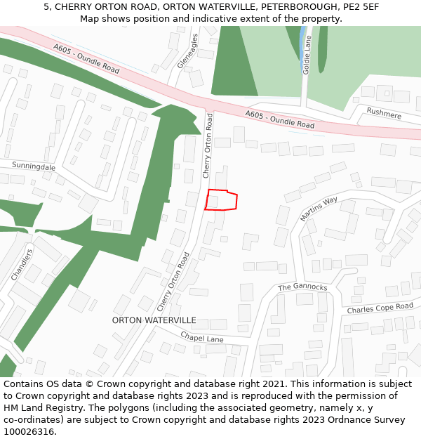 5, CHERRY ORTON ROAD, ORTON WATERVILLE, PETERBOROUGH, PE2 5EF: Location map and indicative extent of plot
