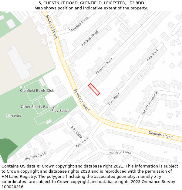 5, CHESTNUT ROAD, GLENFIELD, LEICESTER, LE3 8DD: Location map and indicative extent of plot