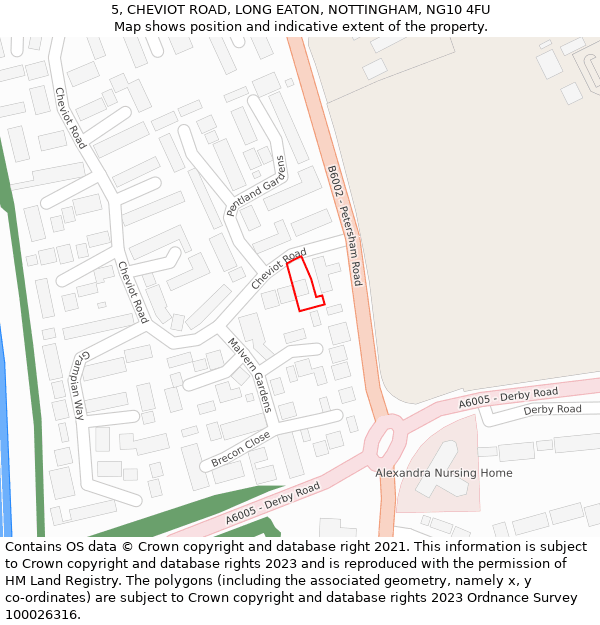 5, CHEVIOT ROAD, LONG EATON, NOTTINGHAM, NG10 4FU: Location map and indicative extent of plot