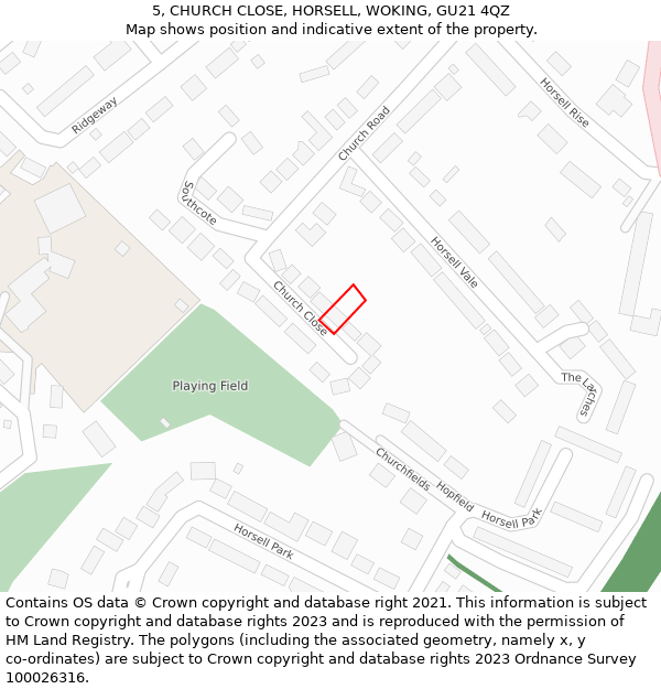 5, CHURCH CLOSE, HORSELL, WOKING, GU21 4QZ: Location map and indicative extent of plot