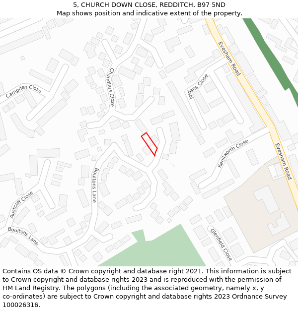 5, CHURCH DOWN CLOSE, REDDITCH, B97 5ND: Location map and indicative extent of plot