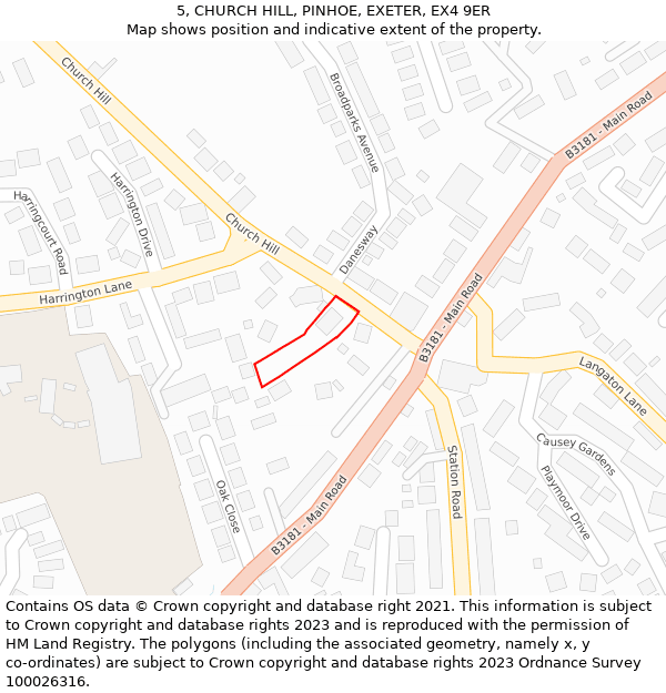 5, CHURCH HILL, PINHOE, EXETER, EX4 9ER: Location map and indicative extent of plot