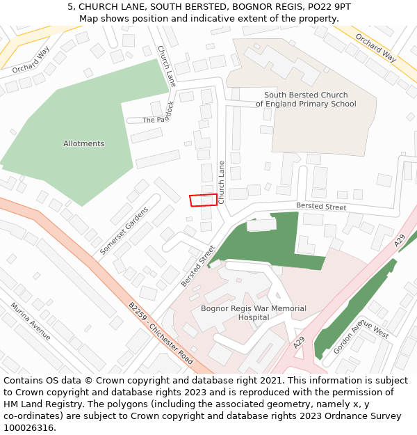 5, CHURCH LANE, SOUTH BERSTED, BOGNOR REGIS, PO22 9PT: Location map and indicative extent of plot