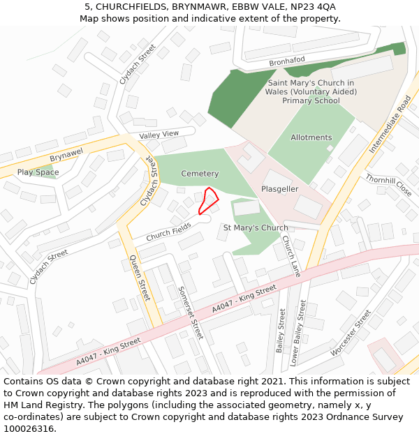 5, CHURCHFIELDS, BRYNMAWR, EBBW VALE, NP23 4QA: Location map and indicative extent of plot