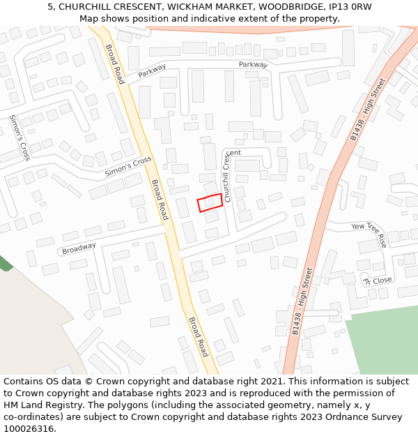 5, CHURCHILL CRESCENT, WICKHAM MARKET, WOODBRIDGE, IP13 0RW: Location map and indicative extent of plot