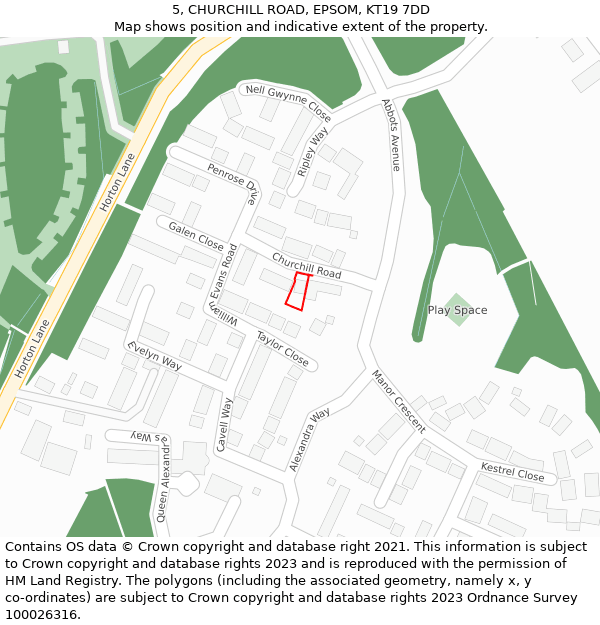 5, CHURCHILL ROAD, EPSOM, KT19 7DD: Location map and indicative extent of plot