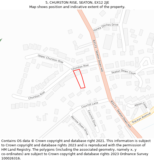 5, CHURSTON RISE, SEATON, EX12 2JE: Location map and indicative extent of plot