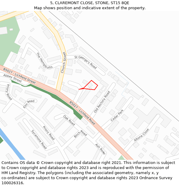 5, CLAREMONT CLOSE, STONE, ST15 8QE: Location map and indicative extent of plot