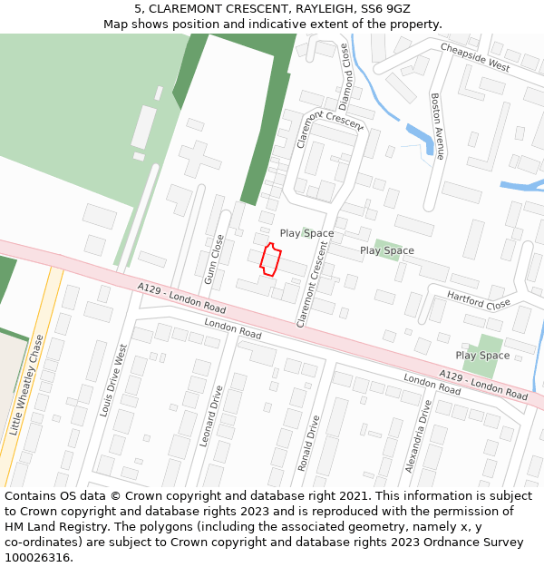 5, CLAREMONT CRESCENT, RAYLEIGH, SS6 9GZ: Location map and indicative extent of plot