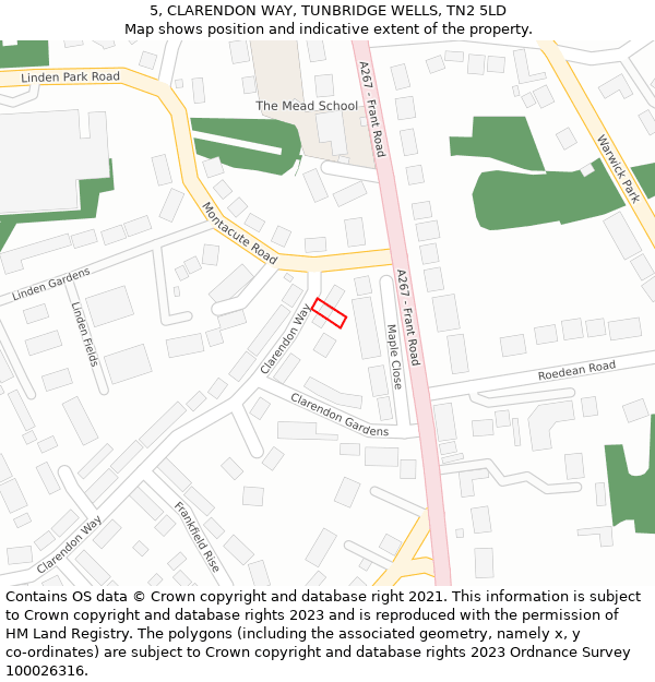 5, CLARENDON WAY, TUNBRIDGE WELLS, TN2 5LD: Location map and indicative extent of plot