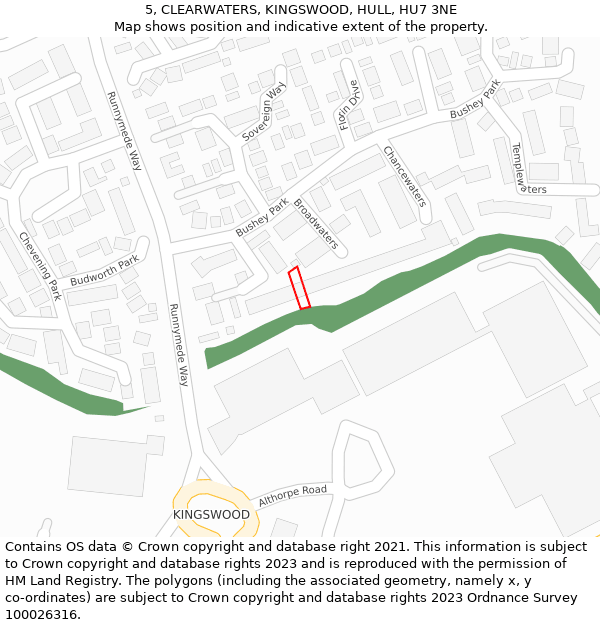 5, CLEARWATERS, KINGSWOOD, HULL, HU7 3NE: Location map and indicative extent of plot