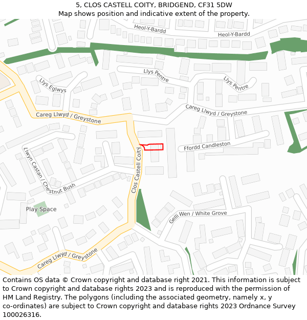 5, CLOS CASTELL COITY, BRIDGEND, CF31 5DW: Location map and indicative extent of plot