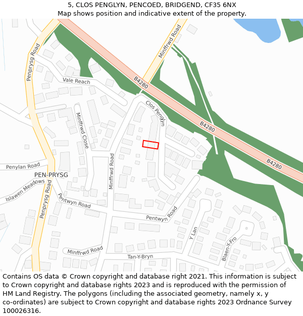 5, CLOS PENGLYN, PENCOED, BRIDGEND, CF35 6NX: Location map and indicative extent of plot