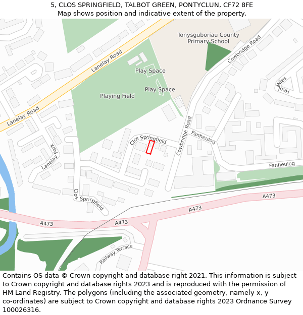 5, CLOS SPRINGFIELD, TALBOT GREEN, PONTYCLUN, CF72 8FE: Location map and indicative extent of plot