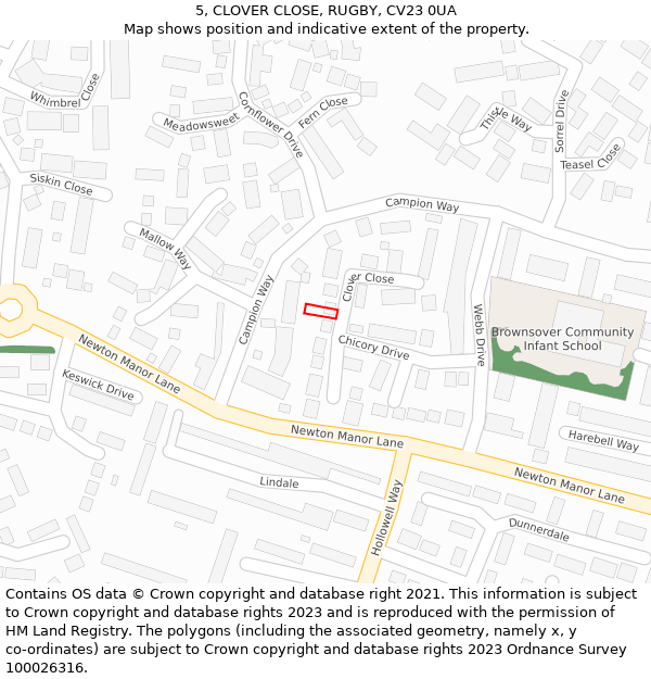 5, CLOVER CLOSE, RUGBY, CV23 0UA: Location map and indicative extent of plot