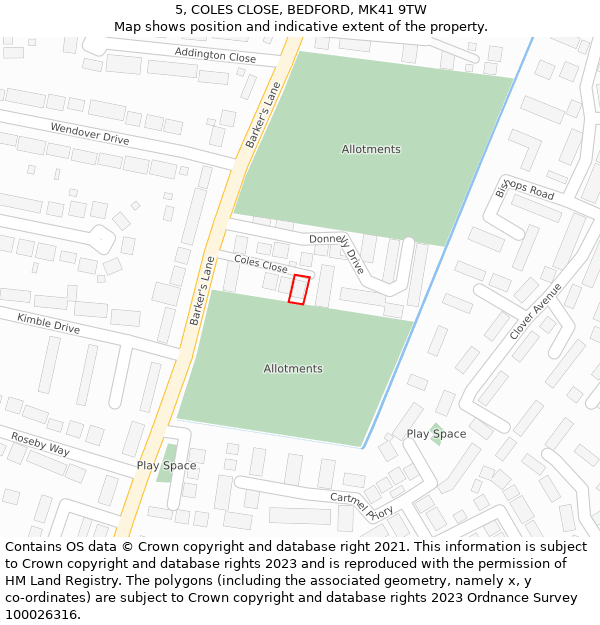 5, COLES CLOSE, BEDFORD, MK41 9TW: Location map and indicative extent of plot