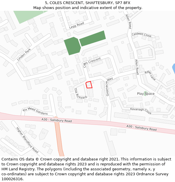 5, COLES CRESCENT, SHAFTESBURY, SP7 8FX: Location map and indicative extent of plot