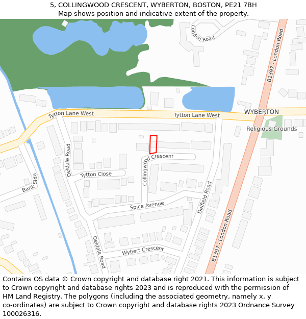 5, COLLINGWOOD CRESCENT, WYBERTON, BOSTON, PE21 7BH: Location map and indicative extent of plot