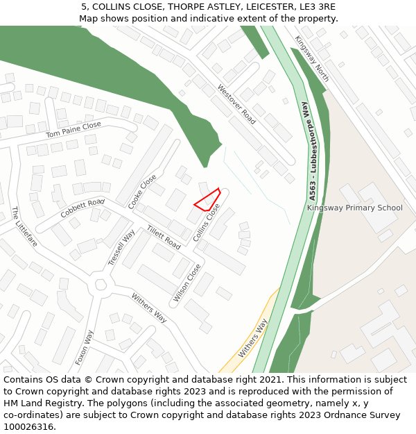 5, COLLINS CLOSE, THORPE ASTLEY, LEICESTER, LE3 3RE: Location map and indicative extent of plot