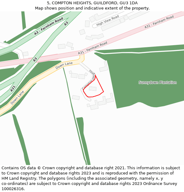 5, COMPTON HEIGHTS, GUILDFORD, GU3 1DA: Location map and indicative extent of plot