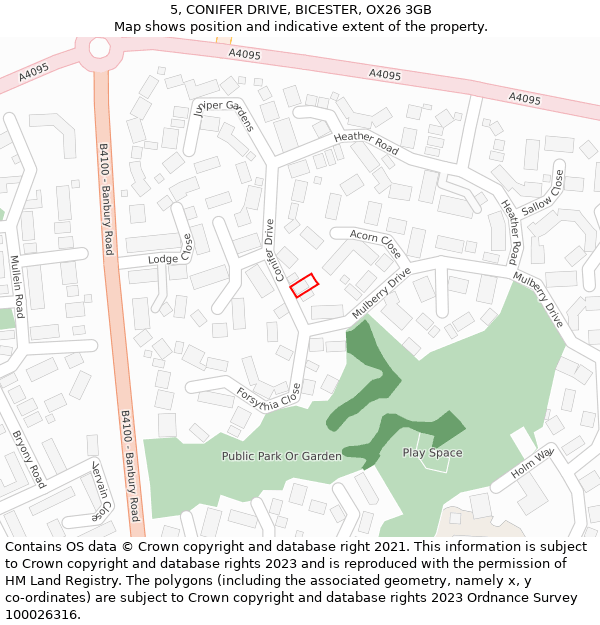 5, CONIFER DRIVE, BICESTER, OX26 3GB: Location map and indicative extent of plot