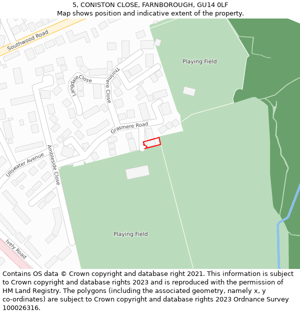 5, CONISTON CLOSE, FARNBOROUGH, GU14 0LF: Location map and indicative extent of plot