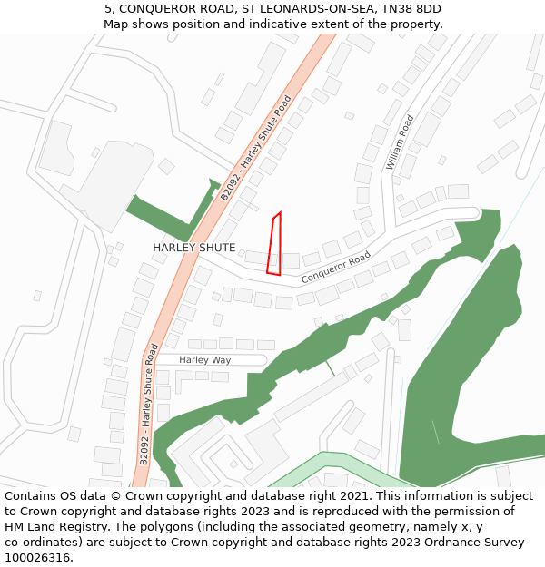 5, CONQUEROR ROAD, ST LEONARDS-ON-SEA, TN38 8DD: Location map and indicative extent of plot