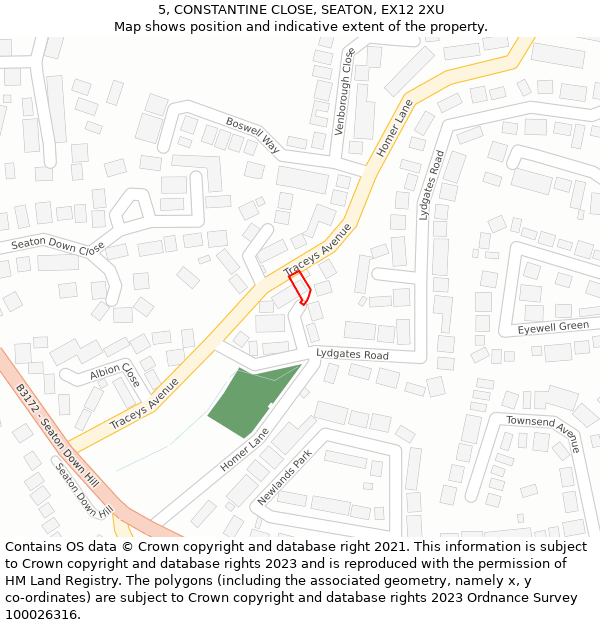 5, CONSTANTINE CLOSE, SEATON, EX12 2XU: Location map and indicative extent of plot
