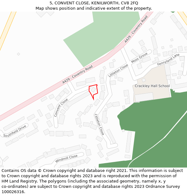5, CONVENT CLOSE, KENILWORTH, CV8 2FQ: Location map and indicative extent of plot