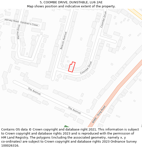 5, COOMBE DRIVE, DUNSTABLE, LU6 2AE: Location map and indicative extent of plot