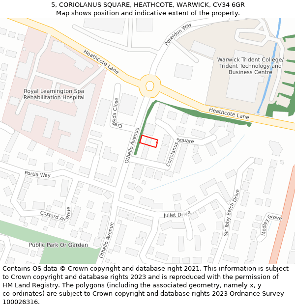 5, CORIOLANUS SQUARE, HEATHCOTE, WARWICK, CV34 6GR: Location map and indicative extent of plot