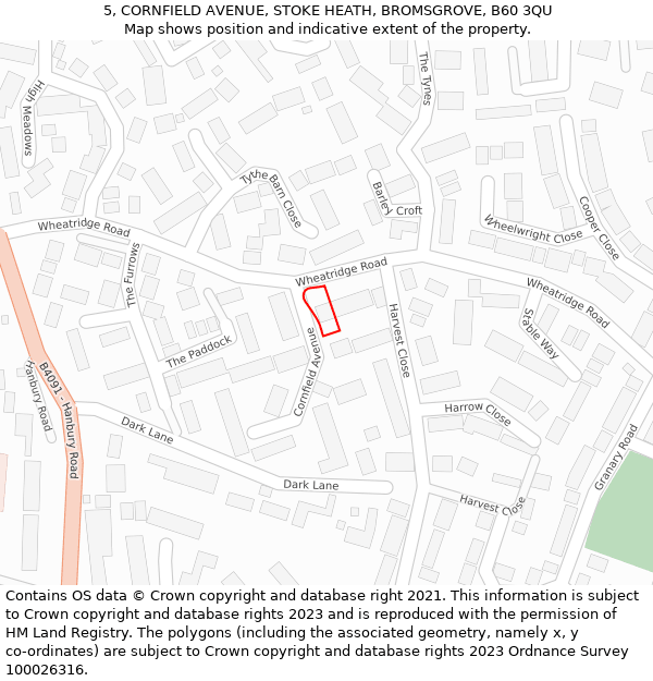 5, CORNFIELD AVENUE, STOKE HEATH, BROMSGROVE, B60 3QU: Location map and indicative extent of plot