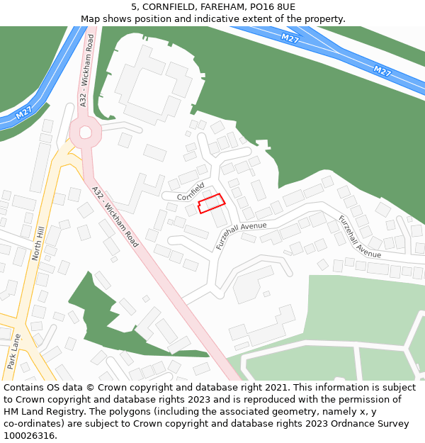 5, CORNFIELD, FAREHAM, PO16 8UE: Location map and indicative extent of plot