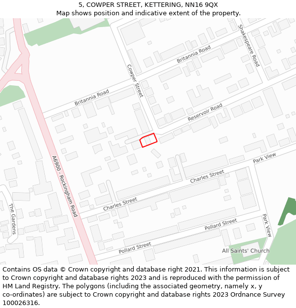 5, COWPER STREET, KETTERING, NN16 9QX: Location map and indicative extent of plot